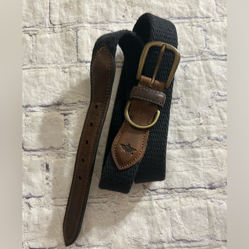 DOCKERS VINTAGE USA MADE ANTIQUE STYLE BUCKLE BLACK WEBBED AND BROWN BELT 34